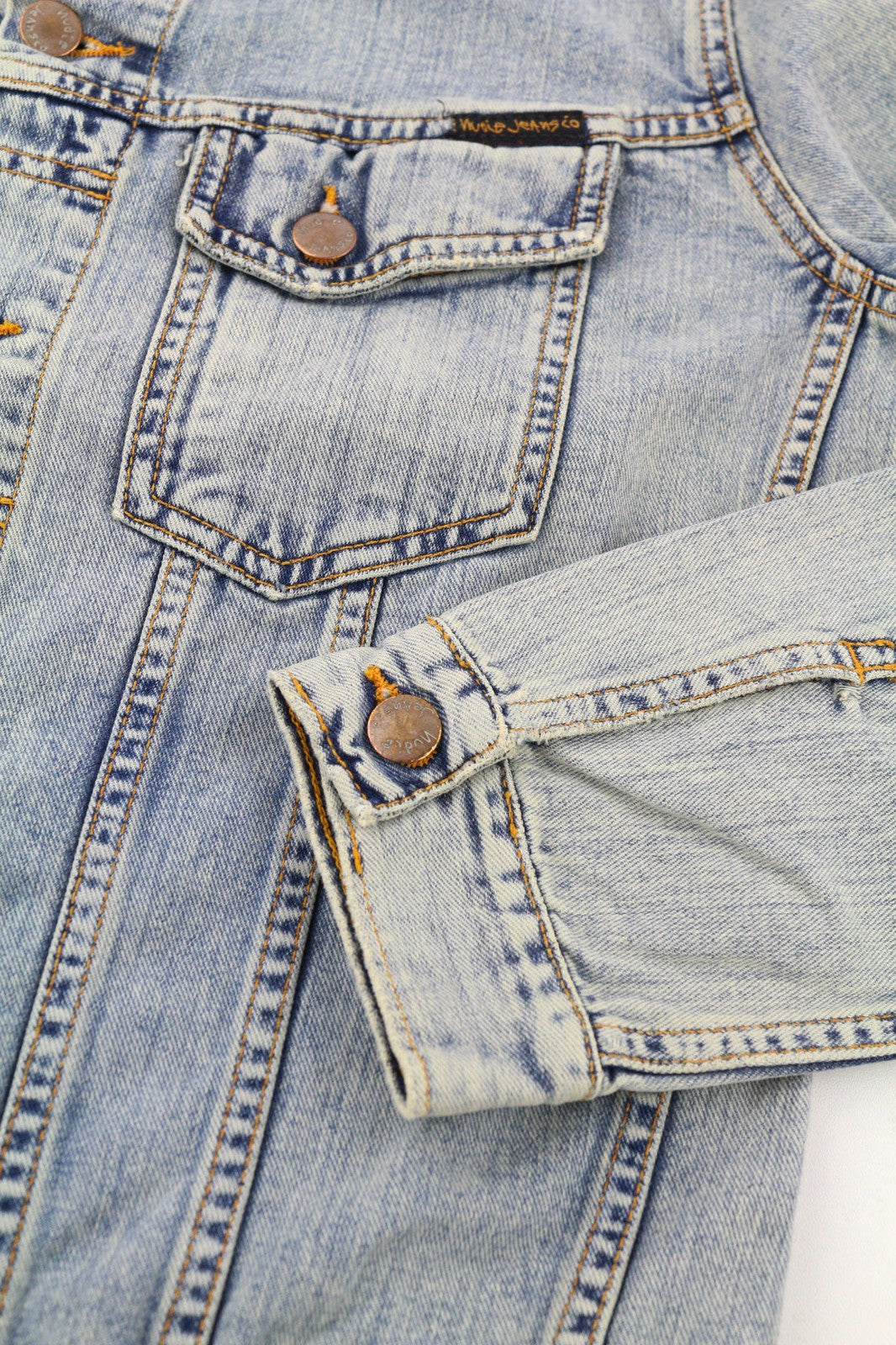 NUDIE JEANS Terry Men's Jacket S Bleach Blue Spread Denim Button Neck