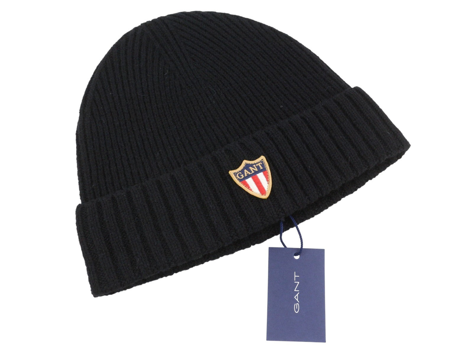 GANT Banner Shield Beanie vyriška kepurė OS juoda vilnona su tvirtu mezgimo logotipu ir tampriu logotipu 
