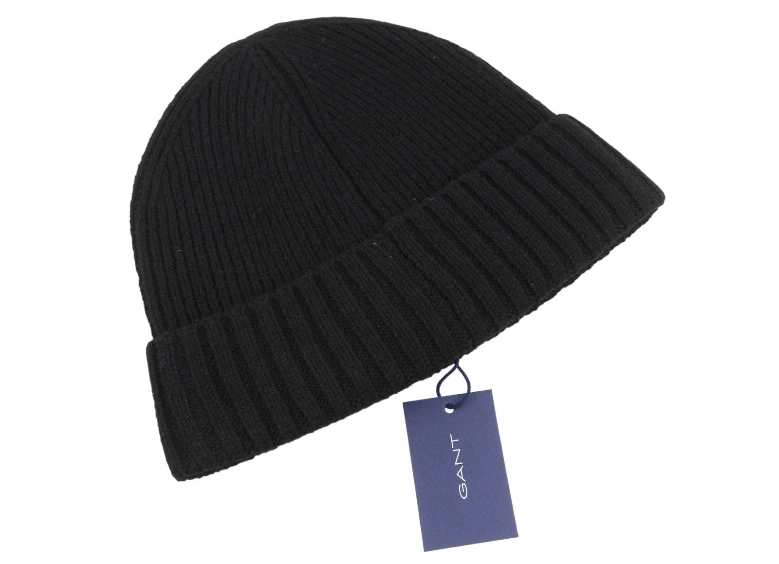GANT Banner Shield Beanie Men Hat OS Black Wool Tight-Knit Patch Logo Stretch