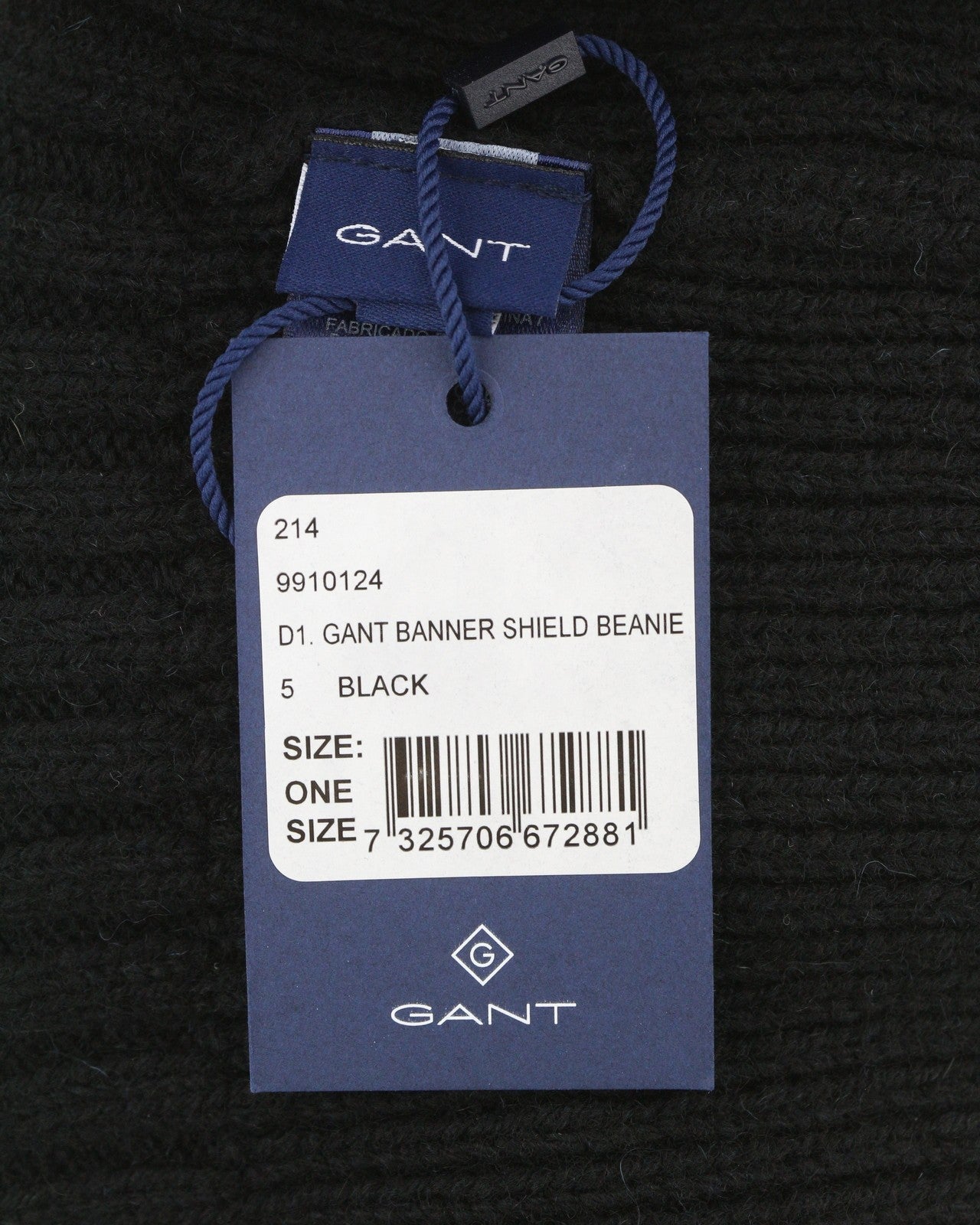 GANT Banner Shield Beanie Men Hat OS Black Wool Tight-Knit Patch Logo Stretch