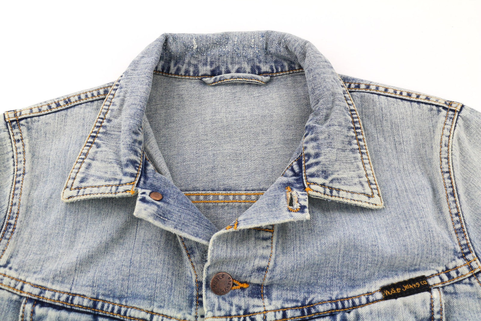 NUDIE JEANS Terry vyriška striukė S Bleach Blue džinsinio medvilnės sagų užsegimu 