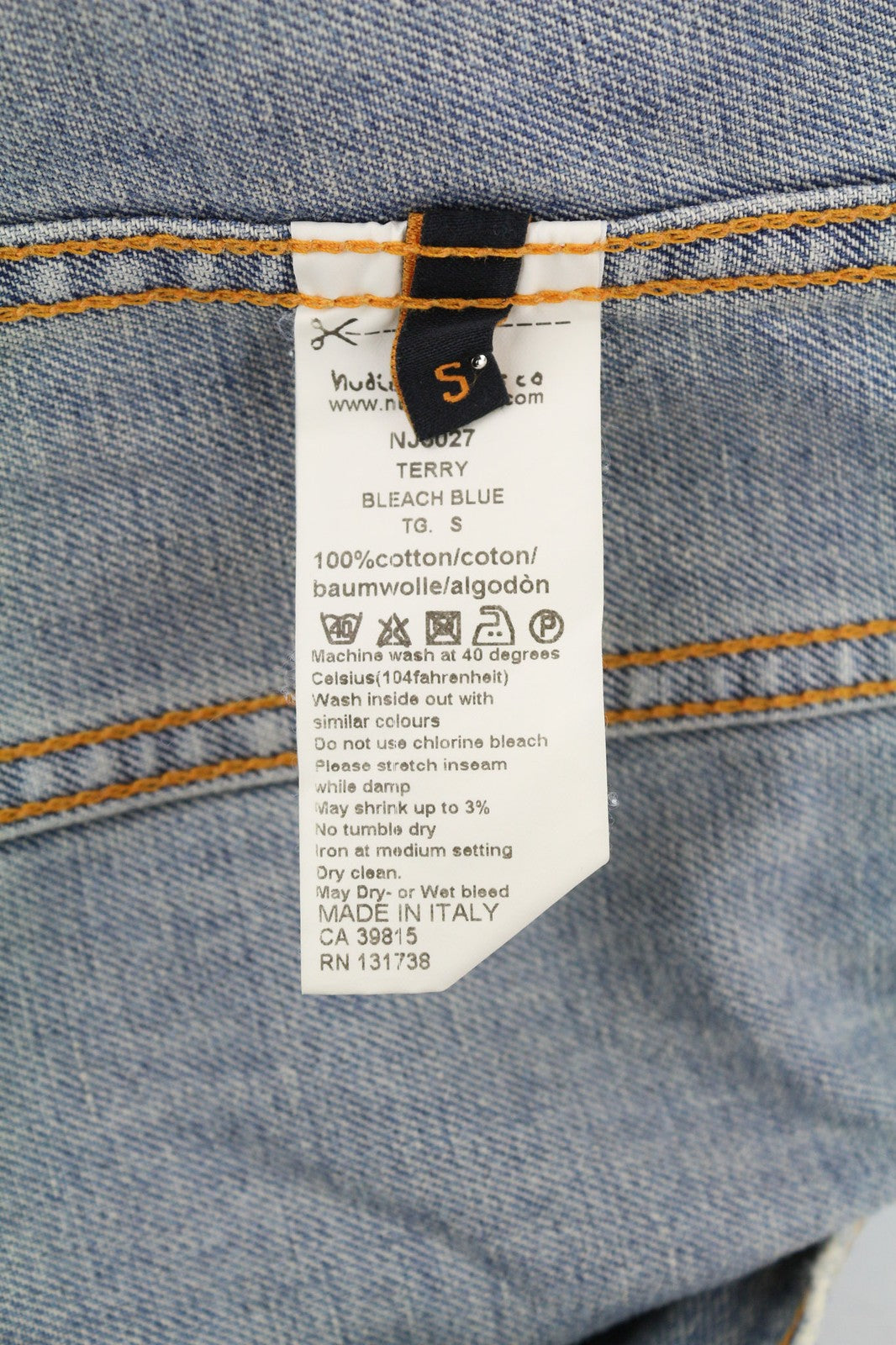 NUDIE JEANS Terry vyriška striukė S Bleach Blue džinsinio medvilnės sagų užsegimu 