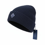 GANT Men Hat OS Dark Blue Wool Blend Tight-Knit Patch Logo Stretch Beanie