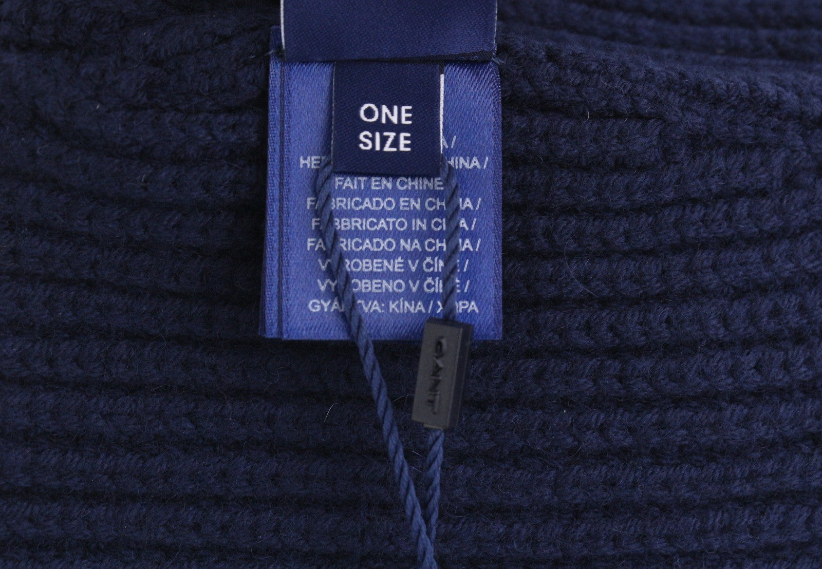 GANT Men Hat OS Dark Blue Wool Blend Tight-Knit Patch Logo Stretch Beanie