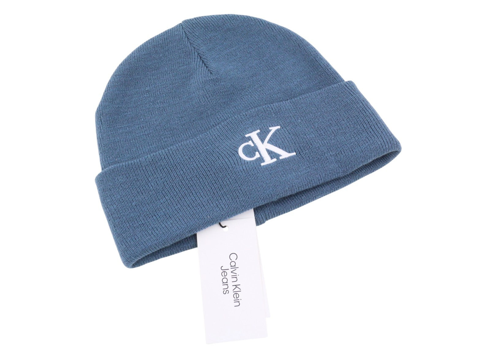 CALVIN KLEIN Monogram Embro Beanie vyriška kepurė OS mėlyna medvilninė megztinė siuvinėta logotipas 
