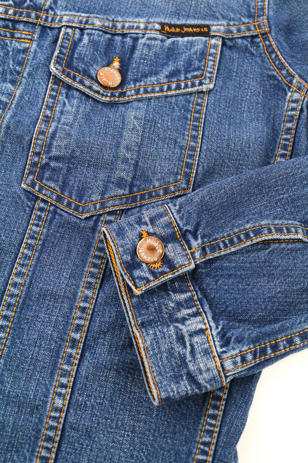 NUDIE JEANS Terry Recycle Worn In vyriška striukė S mėlyna medvilninė džinsinio audinio skalbinių spalva 