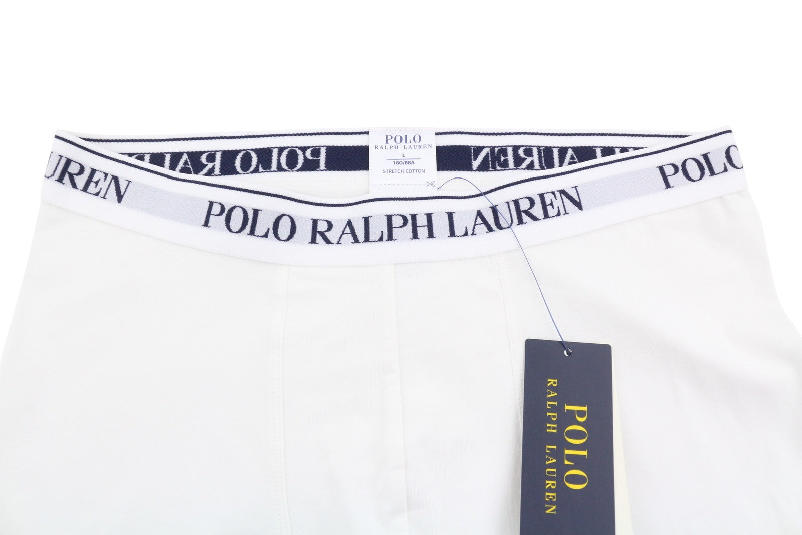 RALPH LAUREN vyriški apatiniai L dydžio balti tamprūs medvilniniai trikotažiniai bokseriai, 3 vnt. pakuotė 