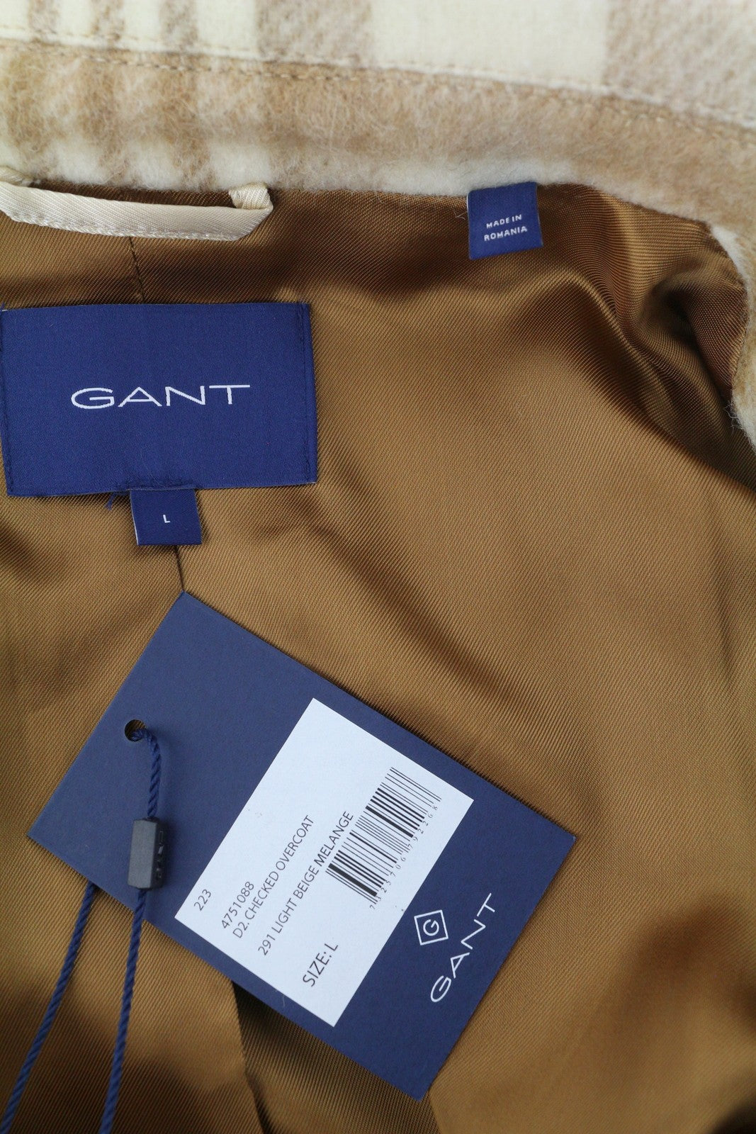 GANT languotas moteriškas paltas L šviesiai smėlio spalvos melanžo spalvos languotas vilnos mišinio paltas RRP625