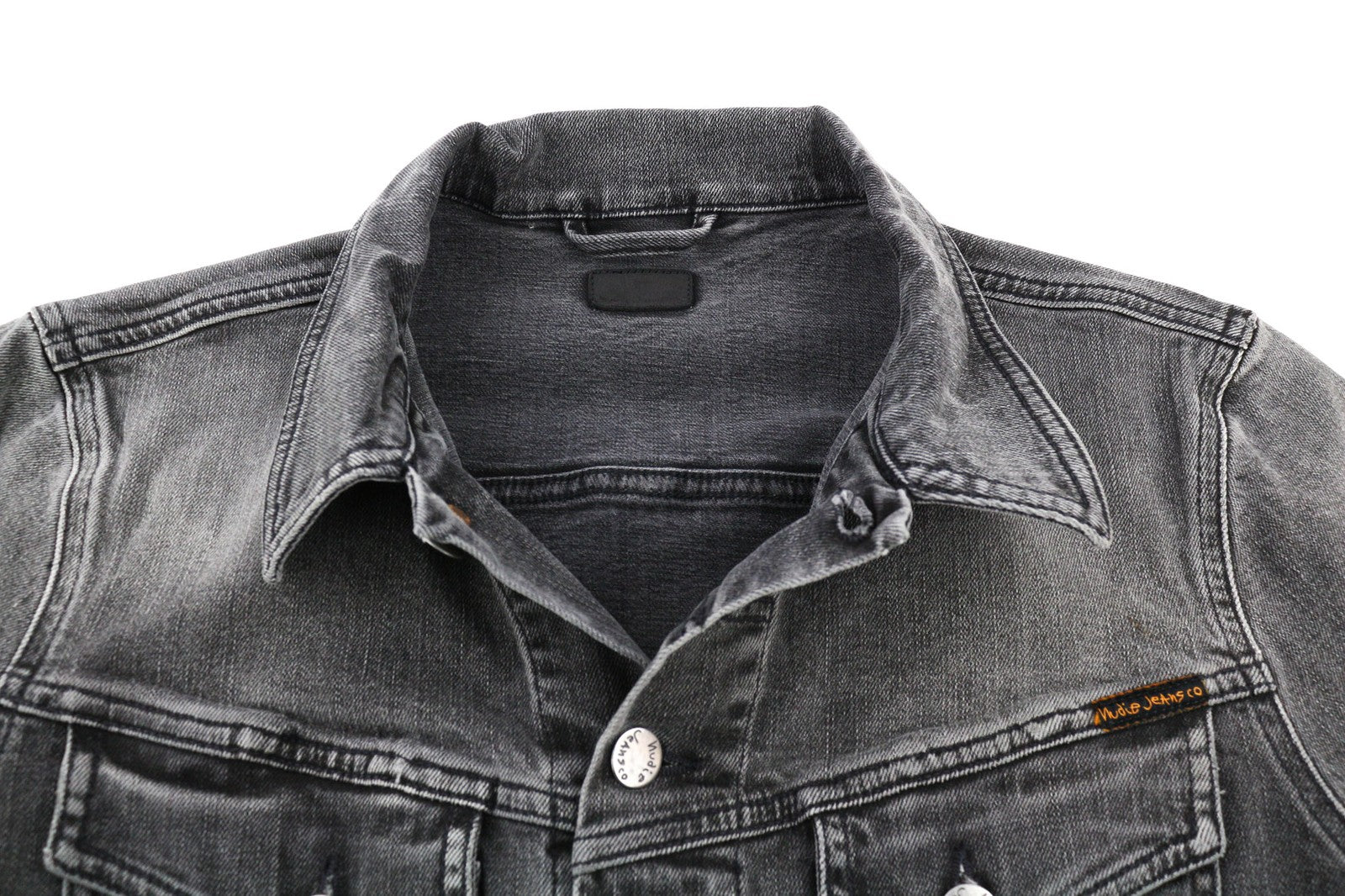 NUDIE JEANS vyriška pilka džinsinė striukė M, skalbtos medvilnės tampri apykaklė, be pamušalo 