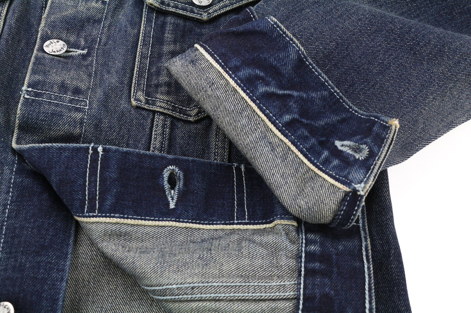 NUDIE JEANS Men's Selvedge Blue Denim Jacket M Washed Cotton Single-Breasted