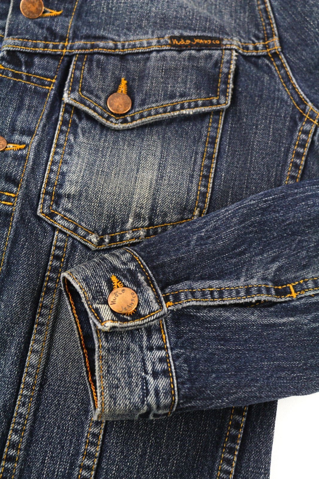 NUDIE JEANS Terry Org. Streaky Denim vyriška XS dydžio mėlyna medvilninė striukė be pamušalo 