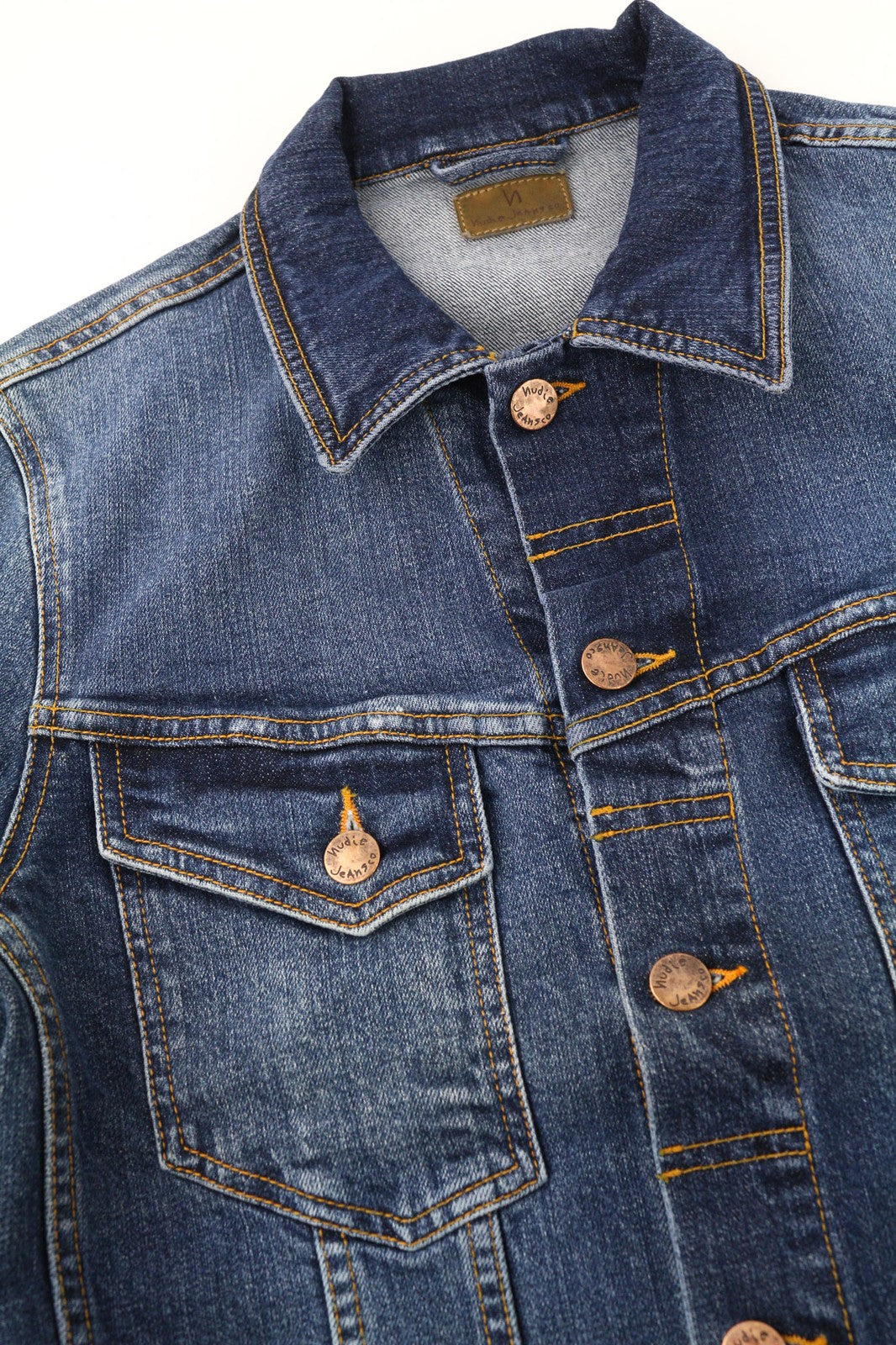 NUDIE JEANS Perry Org. Puikios mėlynos vyriškos S dydžio džinsinio tampraus švarko be pamušalo. 