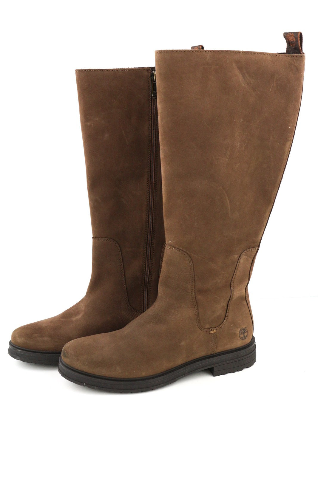 TIMBERLAND moteriški EU38/39 rudi odiniai ilgaauliai batai su užtrauktuku ir logotipu, migdolų nosimi, laisvalaikio stiliaus. 