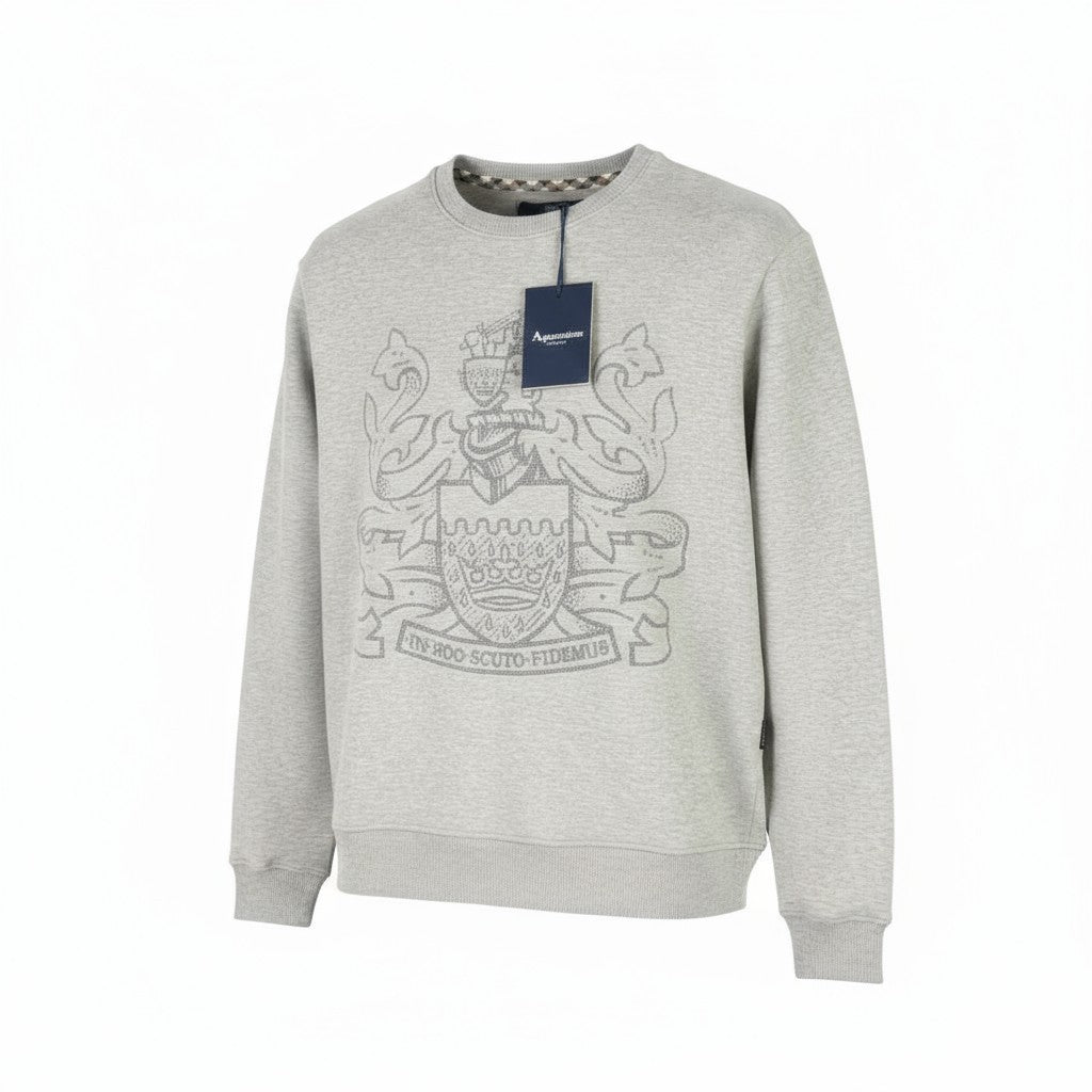 AQUASCUTUM FGIA28 vyriškas 2XL pilkas melanžo megztinis su apvalia juostele ir logotipu 