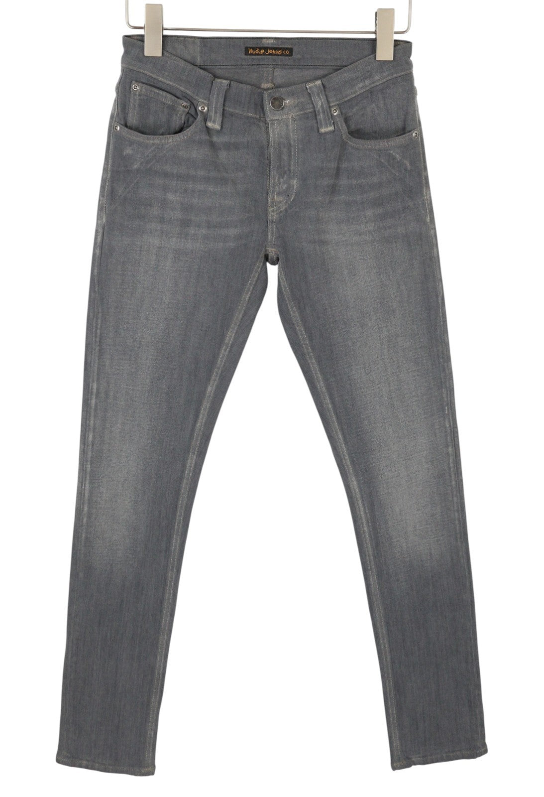 NUDIE JEANS vyriški džinsai W28/L32 pilki išblukę ūsai, ekologiški, aptempti, džinsai su užtrauktuku 