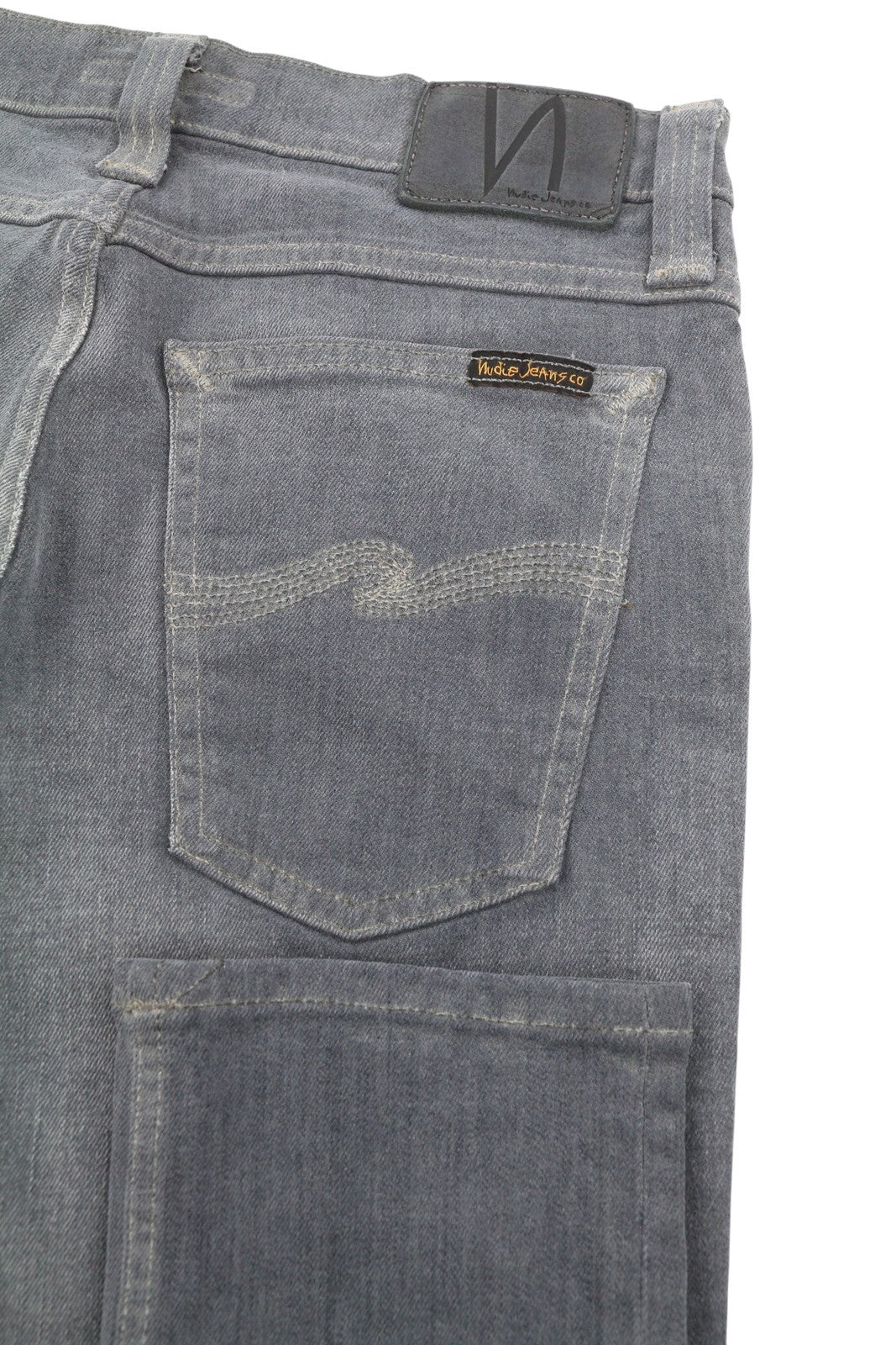 NUDIE JEANS vyriški džinsai W28/L32 pilki išblukę ūsai, ekologiški, aptempti, džinsai su užtrauktuku 