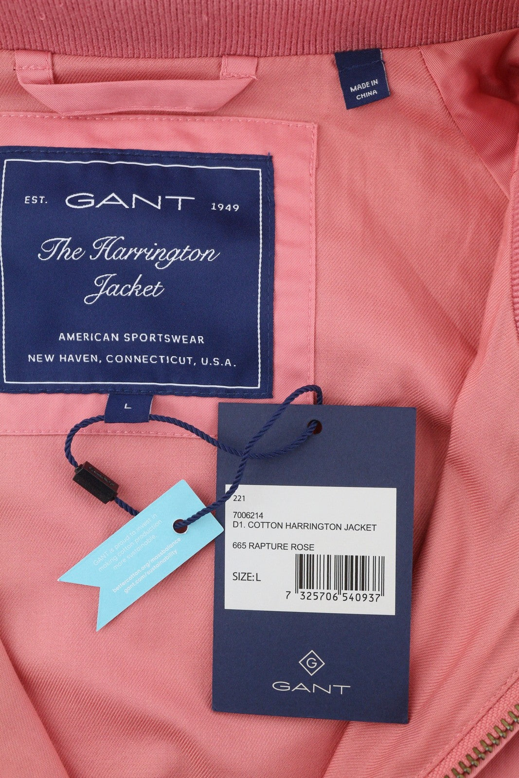 GANT Cotton Harringtone Men Jacket L Rapture Rose Full Zip Bomber Lightweight