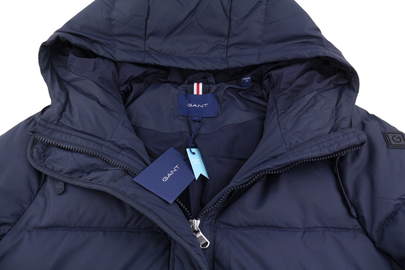 GANT ilga pūkinė moteriška striukė L, vakarinės mėlynos spalvos, su paminkštinimu, dygsniuotu gobtuvu, vidutinio dydžio, RRP299