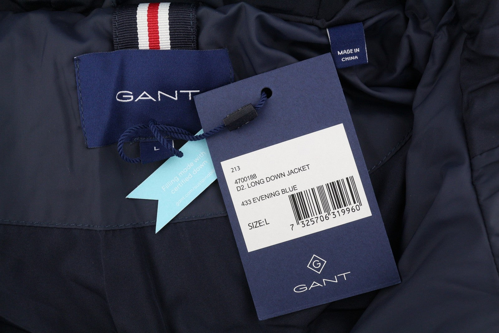 GANT ilga pūkinė moteriška striukė L, vakarinės mėlynos spalvos, su paminkštinimu, dygsniuotu gobtuvu, vidutinio dydžio, RRP299