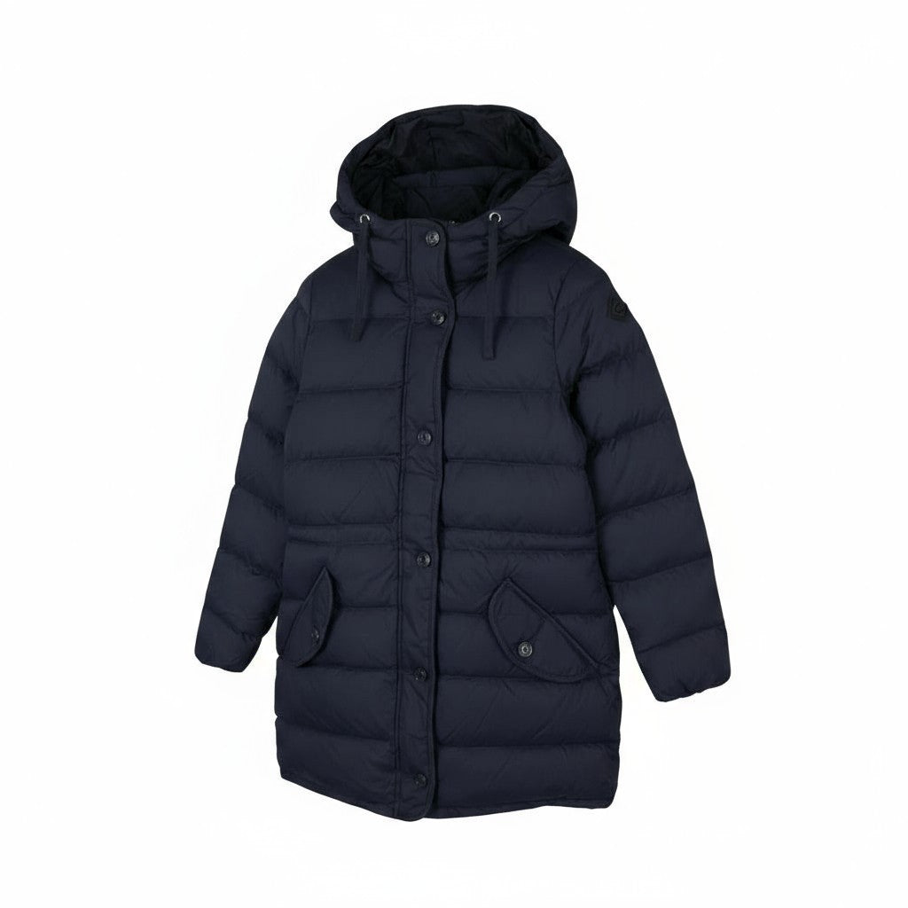 GANT ilga pūkinė moteriška striukė XS, vakarinės mėlynos spalvos, su paminkštintu dygsniuotu gobtuvu, vidutinio dydžio, RRP299 