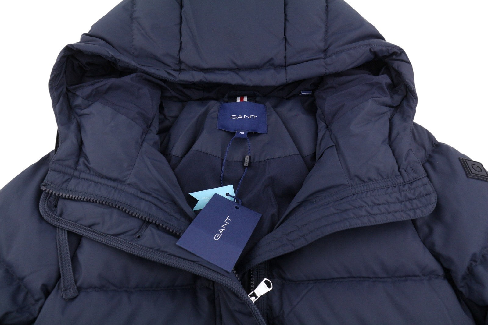 GANT ilga pūkinė moteriška striukė XS, vakarinės mėlynos spalvos, su paminkštintu dygsniuotu gobtuvu, vidutinio dydžio, RRP299 