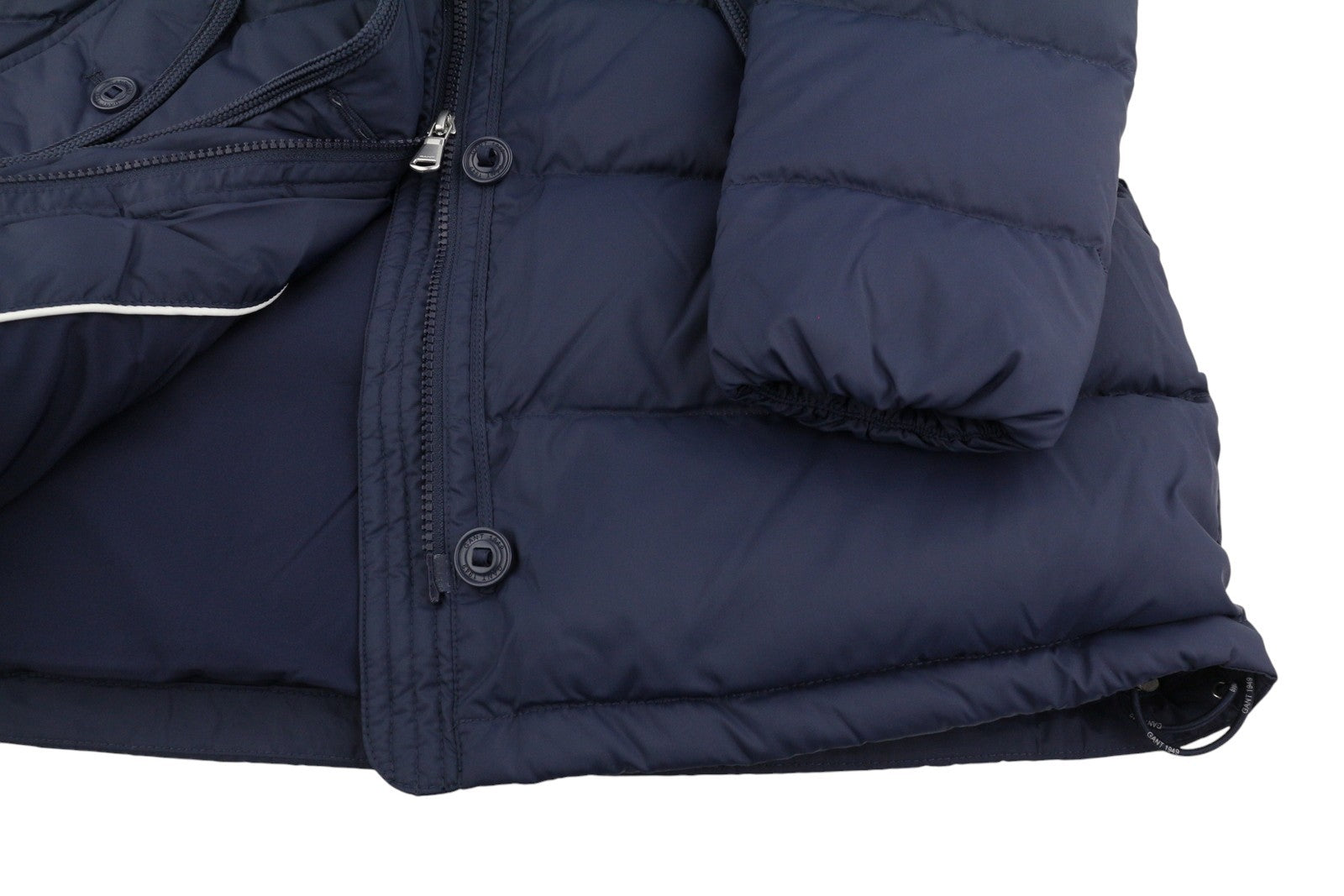 GANT ilga pūkinė moteriška striukė XS, vakarinės mėlynos spalvos, su paminkštintu dygsniuotu gobtuvu, vidutinio dydžio, RRP299 