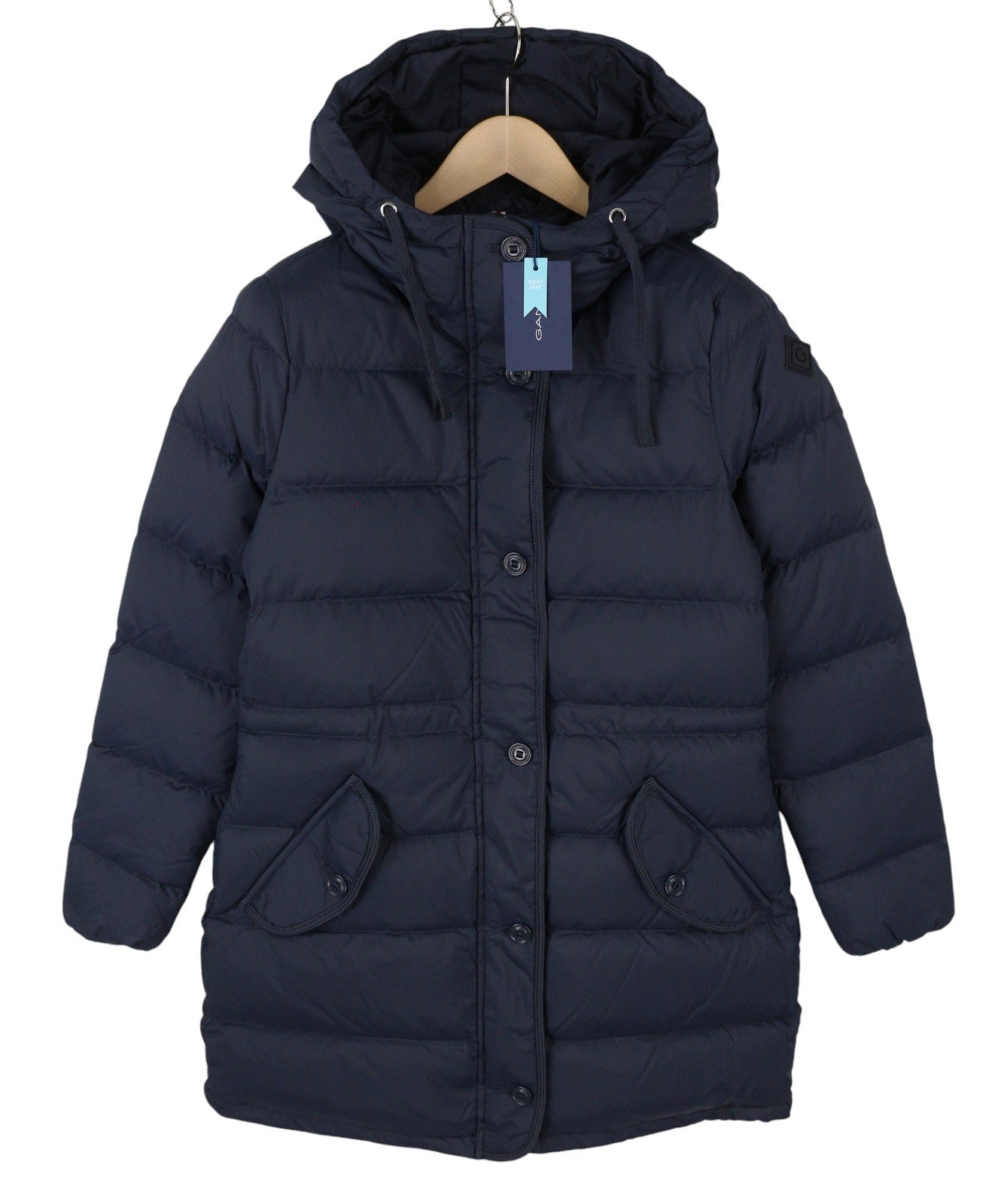 GANT ilga pūkinė moteriška striukė M, vakarinės mėlynos spalvos, su paminkštinimu, dygsniuotu gobtuvu, vidutinio dydžio, RRP299 