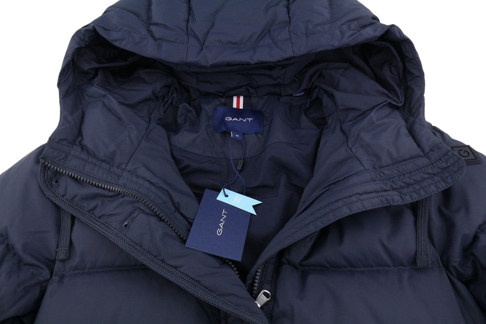 GANT ilga pūkinė moteriška striukė M, vakarinės mėlynos spalvos, su paminkštinimu, dygsniuotu gobtuvu, vidutinio dydžio, RRP299 