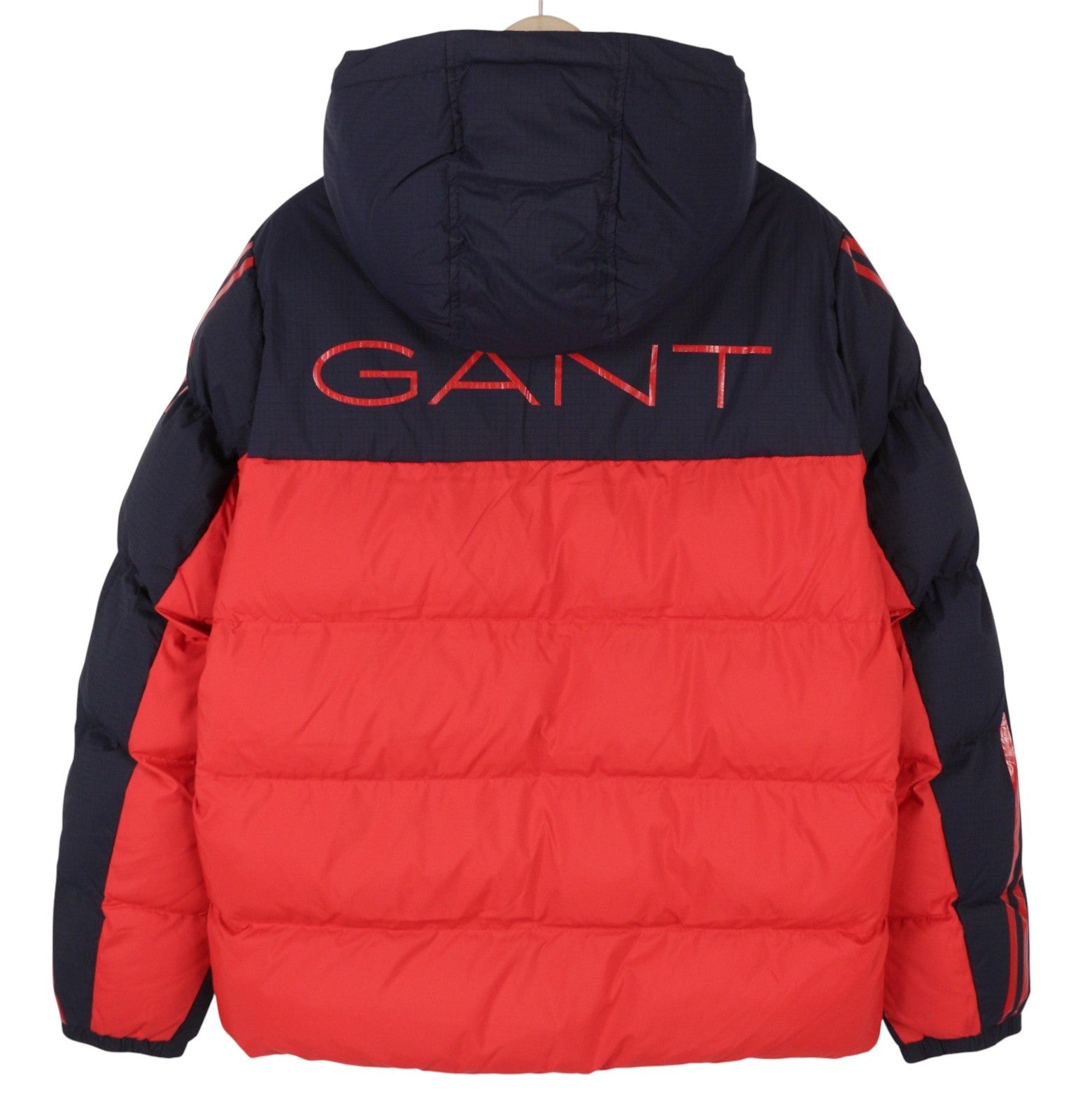 GANT Striped Block Puffer Men Jacket M Bright Red Quilted Hooded Padded RRP399
