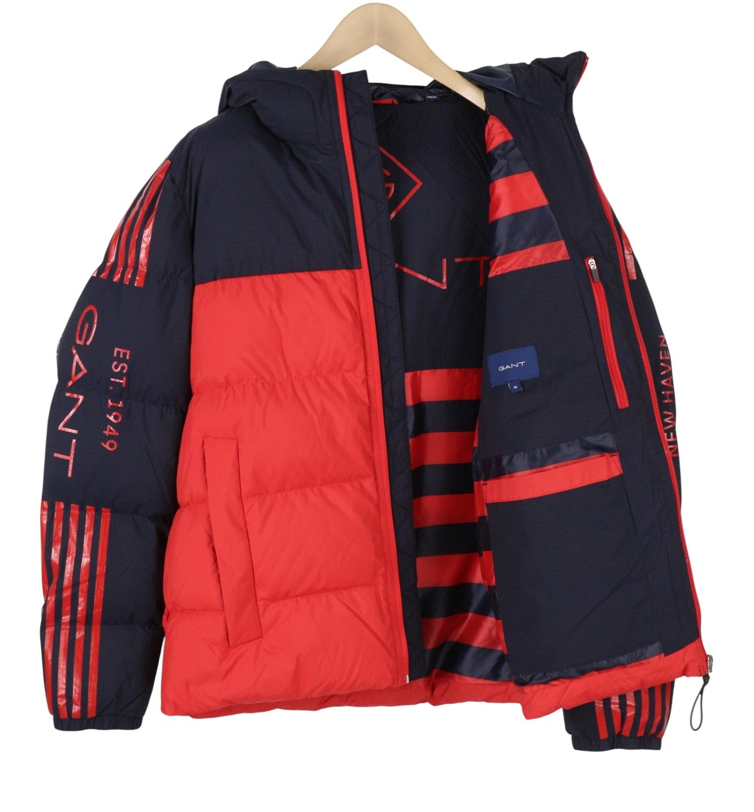 GANT Striped Block Puffer Men Jacket M Bright Red Quilted Hooded Padded RRP399