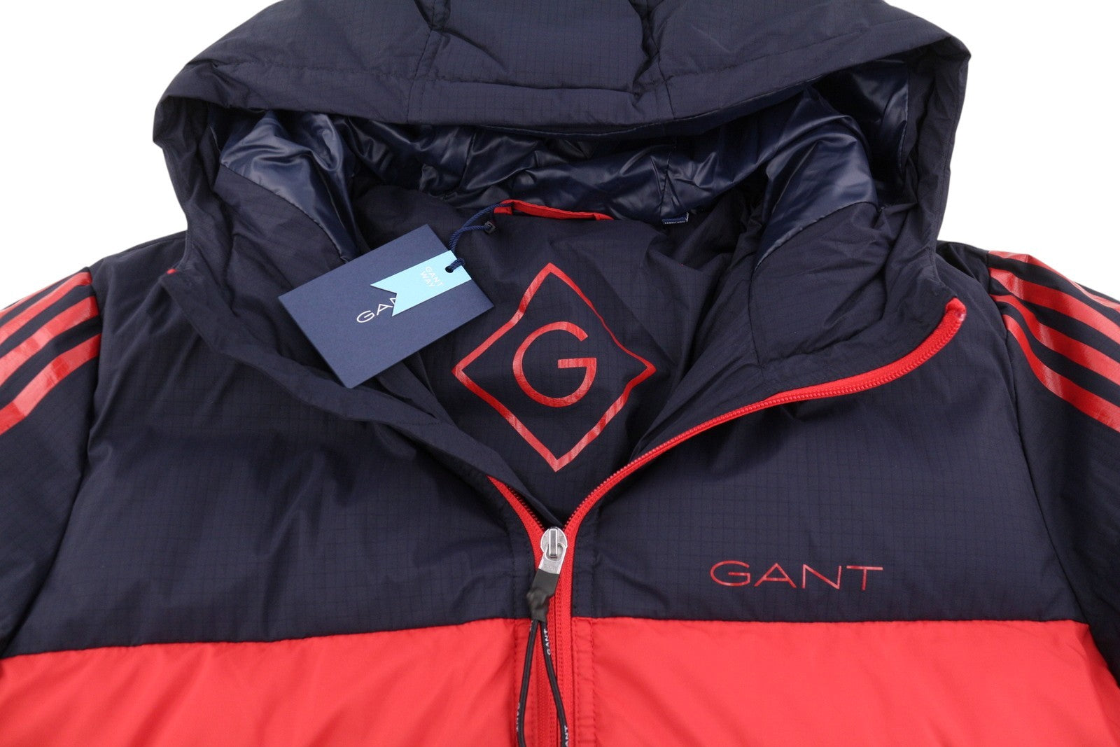GANT Striped Block Puffer Men Jacket M Bright Red Quilted Hooded Padded RRP399