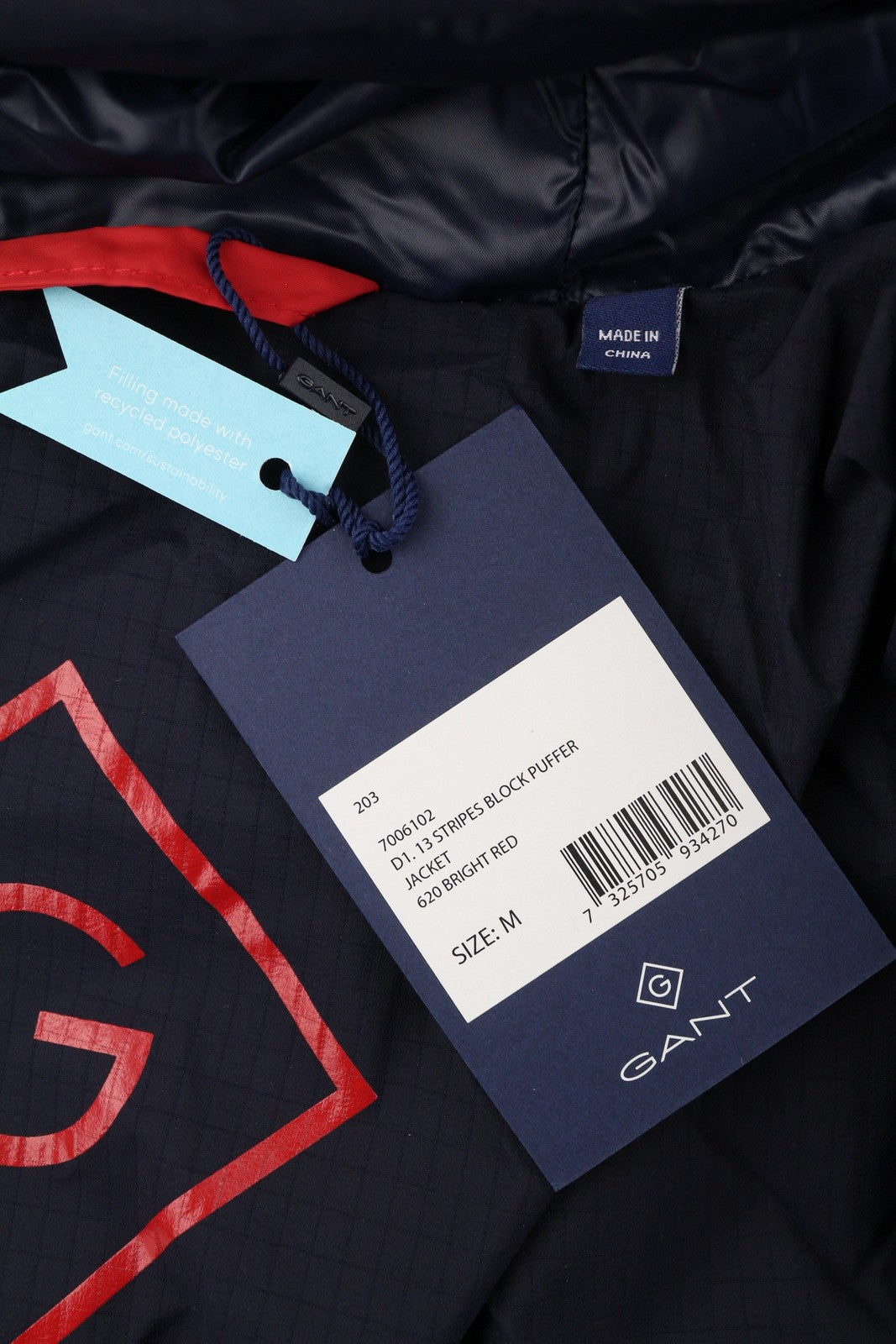 GANT Striped Block Puffer Men Jacket M Bright Red Quilted Hooded Padded RRP399