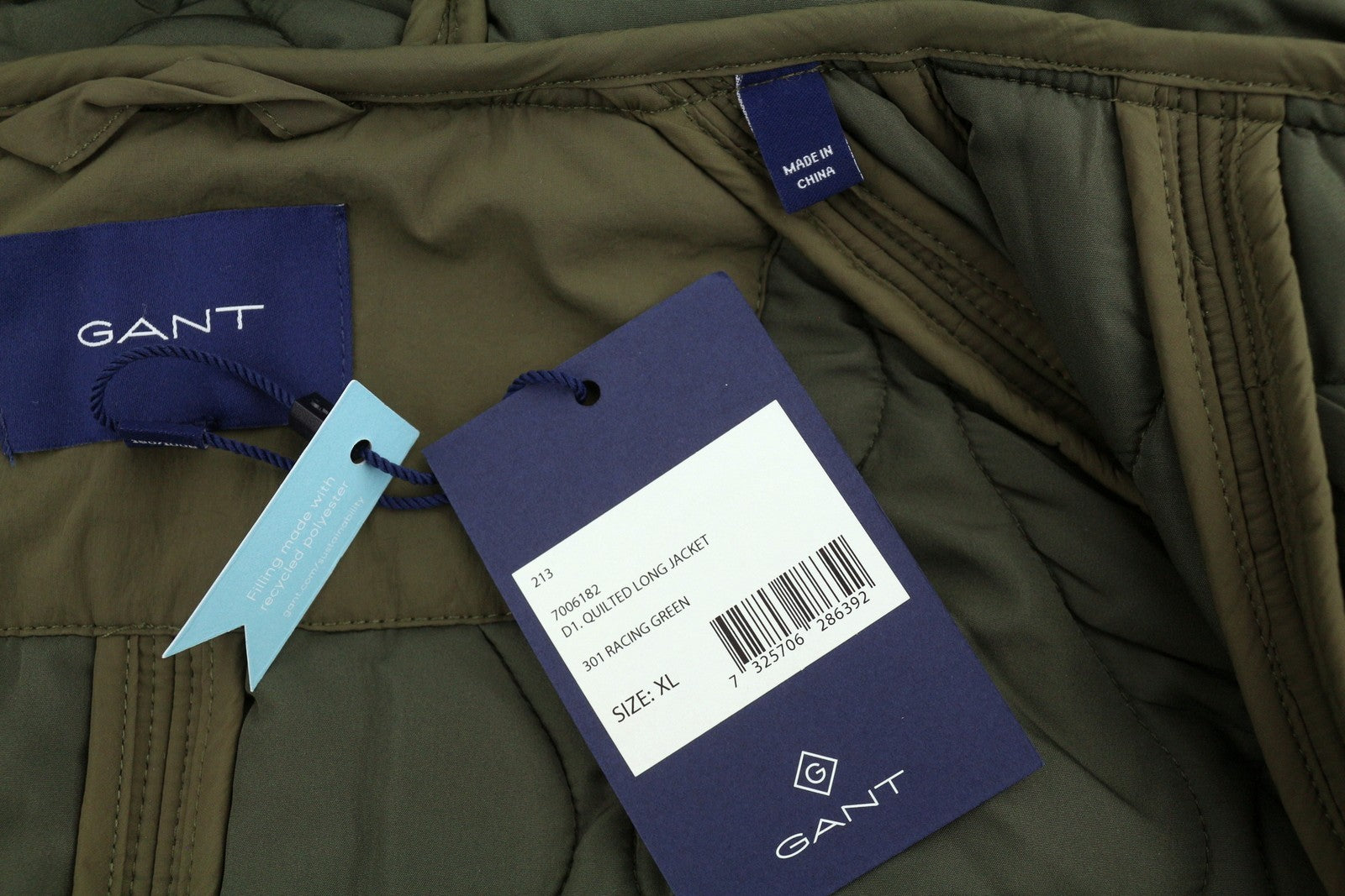 GANT Quilted Long Men Jacket XL Racing Green Hooded Padded Lined Full Zip RRP439