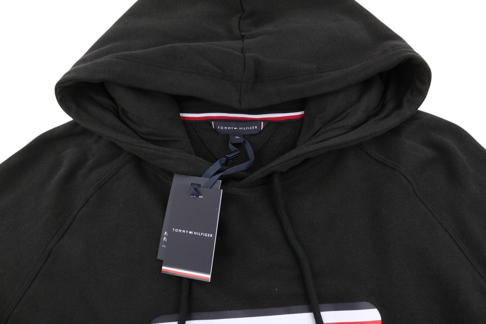 TOMMY HILFIGER Men Hoodie XL Black Oversized Kangaroo Pocket Front Logo Pull On