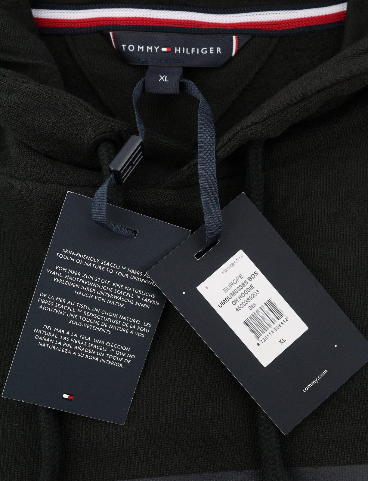 TOMMY HILFIGER Men Hoodie XL Black Oversized Kangaroo Pocket Front Logo Pull On