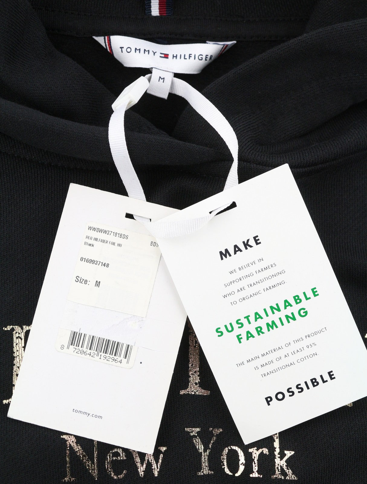 TOMMY HILFIGER moteriškas džemperis su gobtuvu M, juodas priekinis logotipas, didelis laisvo kirpimo megztinis 