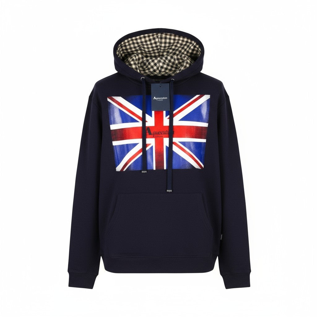 AQUASCUTUM FAI003 vyriškas L dydžio mėlynas megztinis su gobtuvu ir logotipo dirželiais, kengūros kišene 