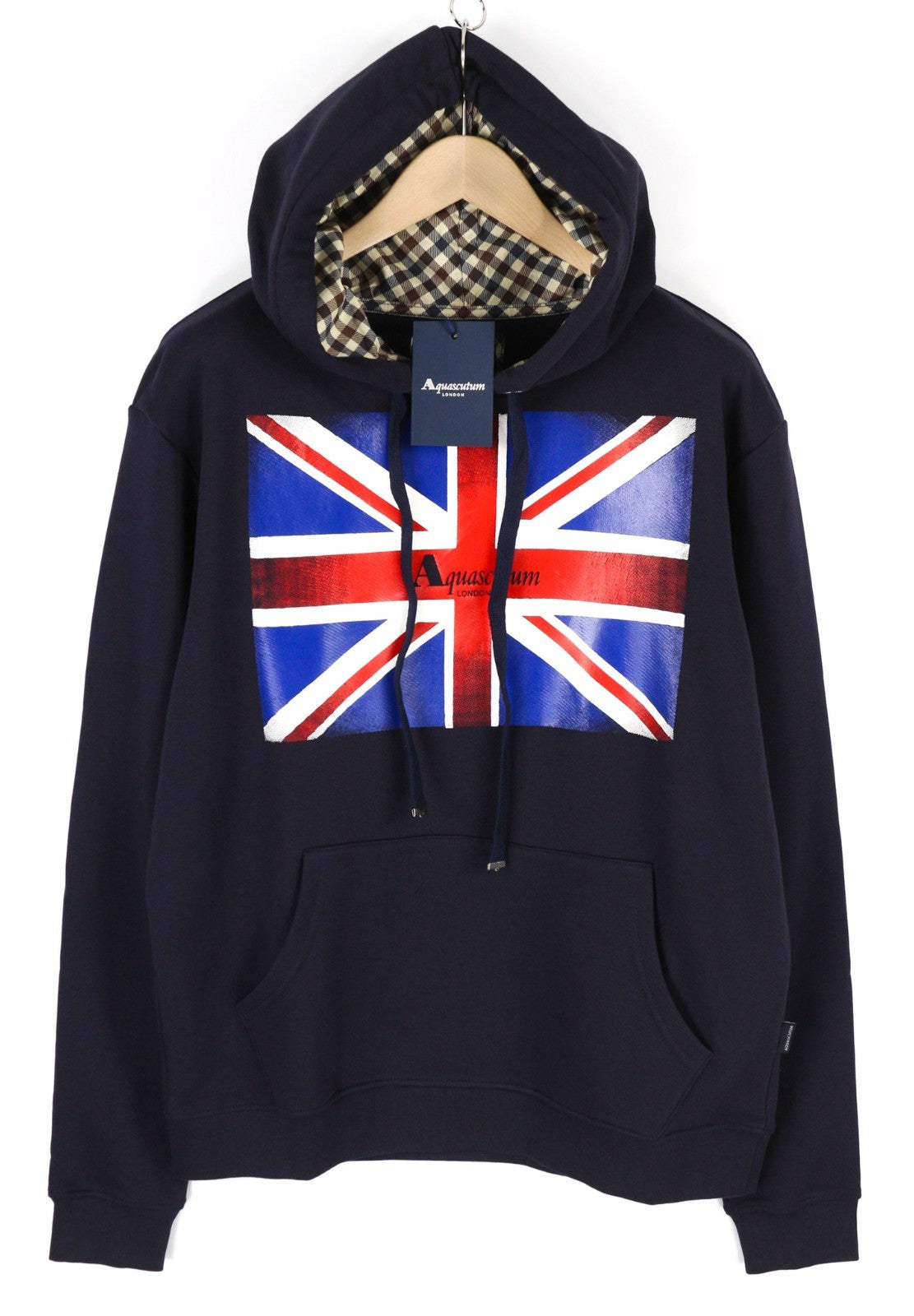 AQUASCUTUM FAI003 vyriškas L dydžio mėlynas megztinis su gobtuvu ir logotipo dirželiais, kengūros kišene 