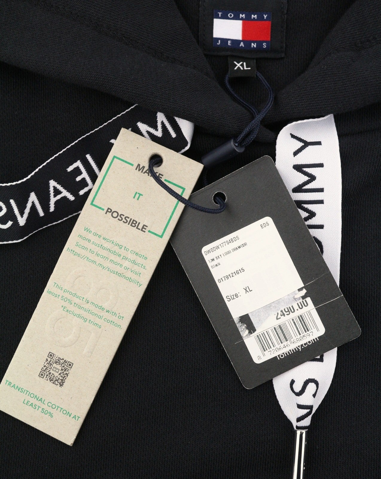 TOMMY HILFIGER Bxy Lofo Drawcor moteriškas džemperis su gobtuvu XL dydžio, juodas, kengūros spalvos megztinis, unisex 