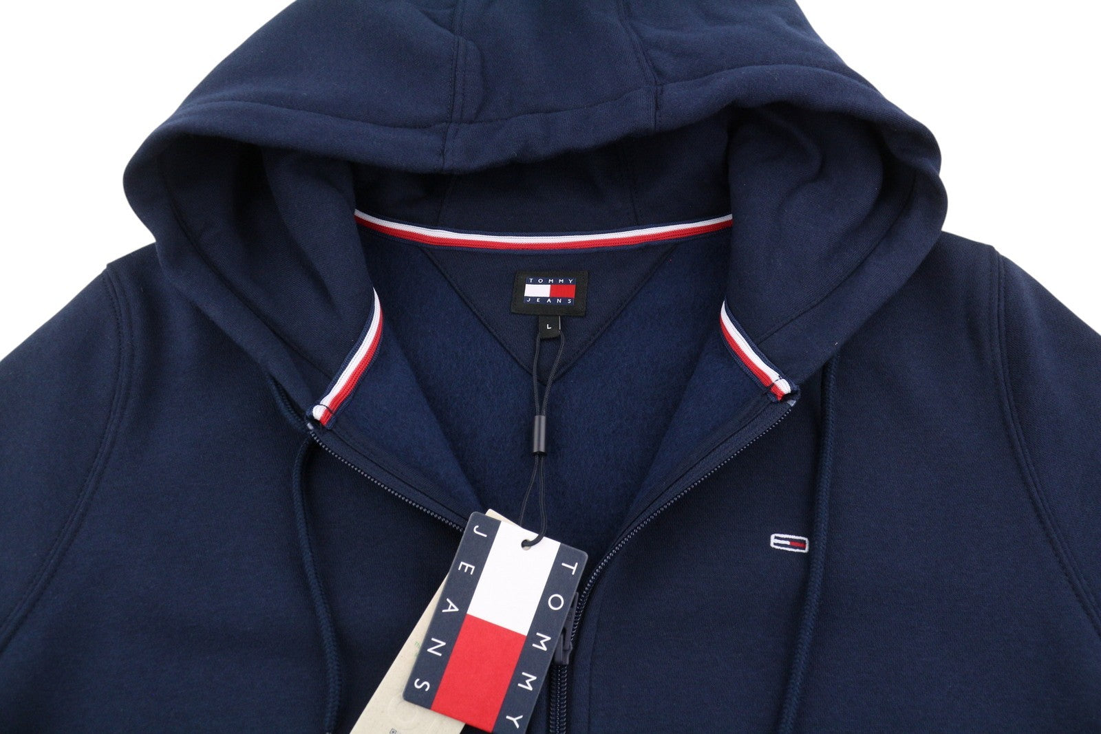 TOMMY HILFIGER Req S Flag Zip moteriškas džemperis su gobtuvu L, tamsiai mėlyna, laisvo kirpimo, su kišenėmis