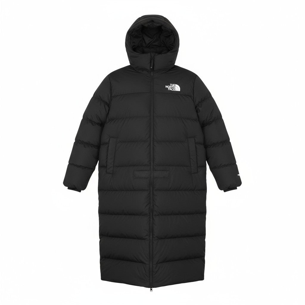 „THE NORTH FACE Triple C“ moteriškas XL dydžio juodas 550 pūkinis ilgas paltas su gobtuvu ir logotipu 