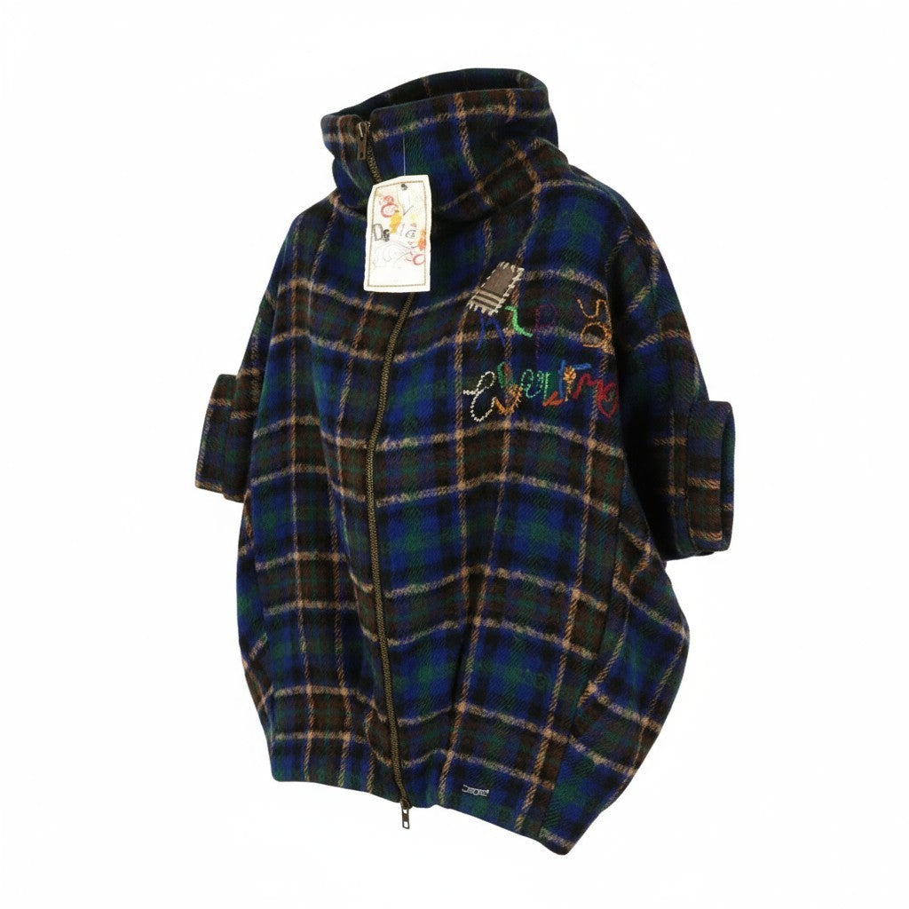 DESIGUAL moteriškas ~L dydžio vilnos mišinio languotas paltas trumpomis rankovėmis su aukštu kaklu ir logotipu 