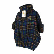 DESIGUAL moteriškas ~L dydžio vilnos mišinio languotas paltas trumpomis rankovėmis su aukštu kaklu ir logotipu 