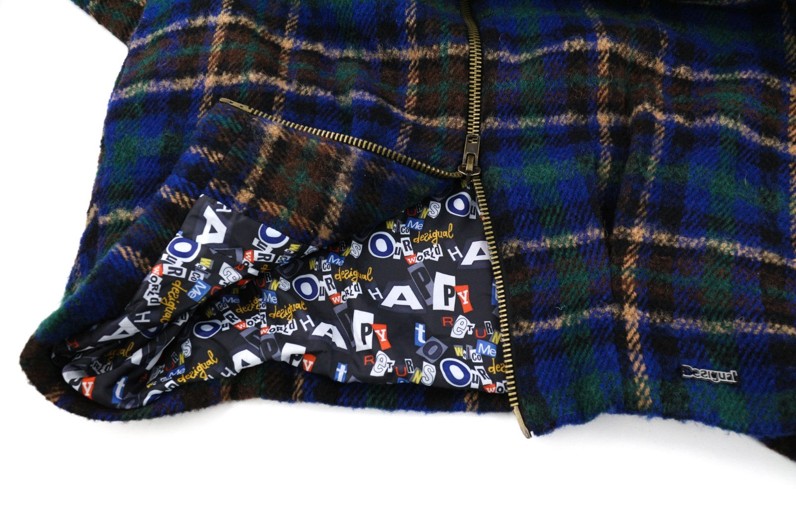 DESIGUAL moteriškas ~L dydžio vilnos mišinio languotas paltas trumpomis rankovėmis su aukštu kaklu ir logotipu 