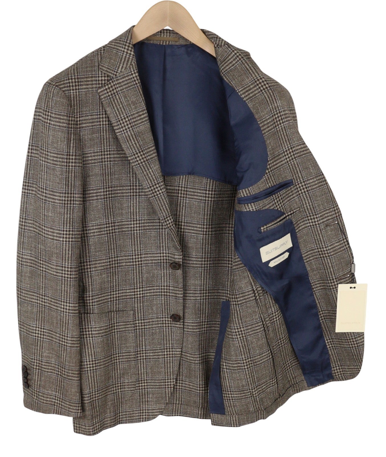 SUITSUPPLY Havana HL vyriškas švarkas UK38R rudas vilnonis šilkas lininis languotas su pusiau pamušalu 