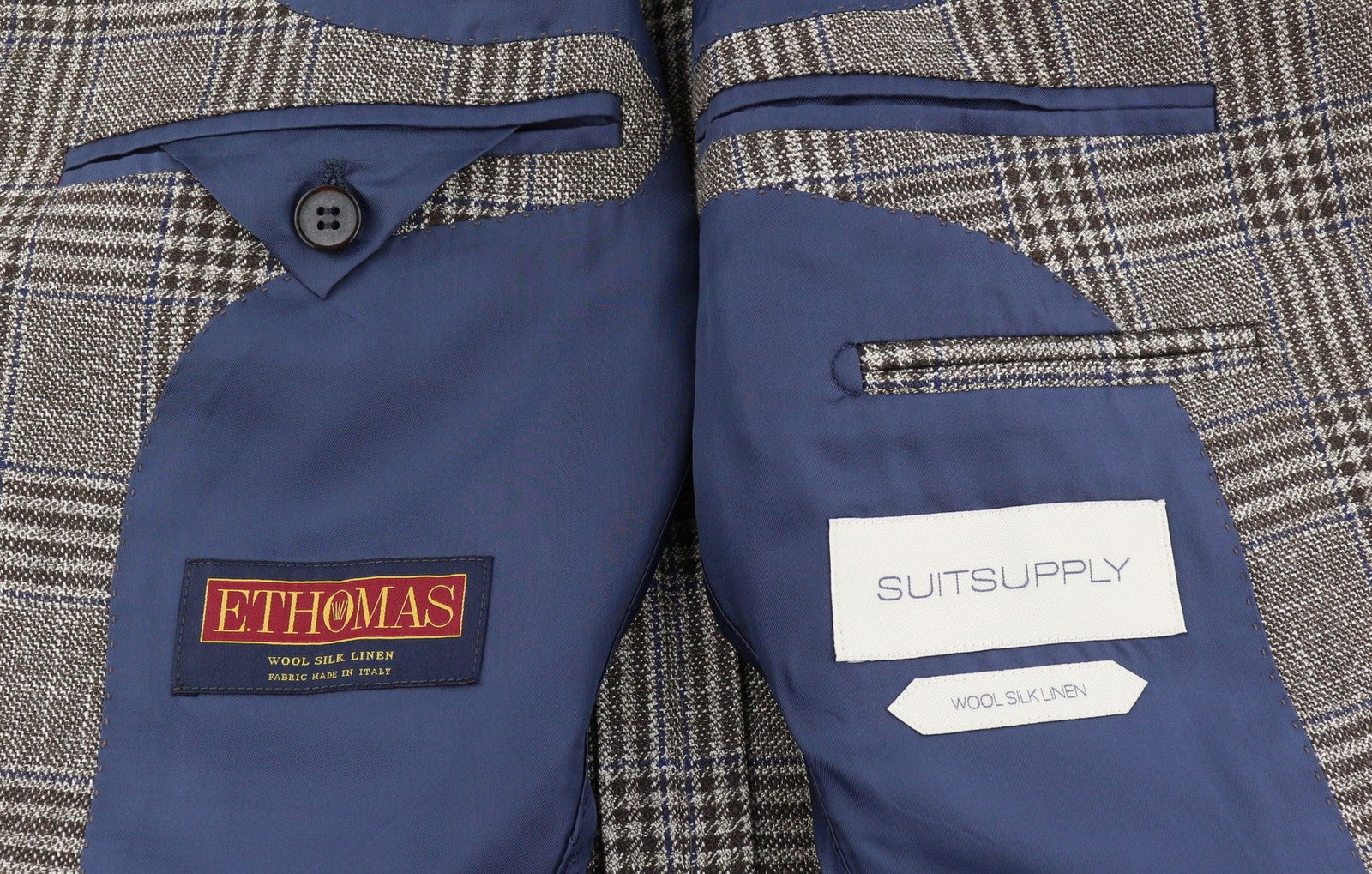 SUITSUPPLY Havana HL vyriškas švarkas UK38R rudas vilnonis šilkas lininis languotas su pusiau pamušalu 