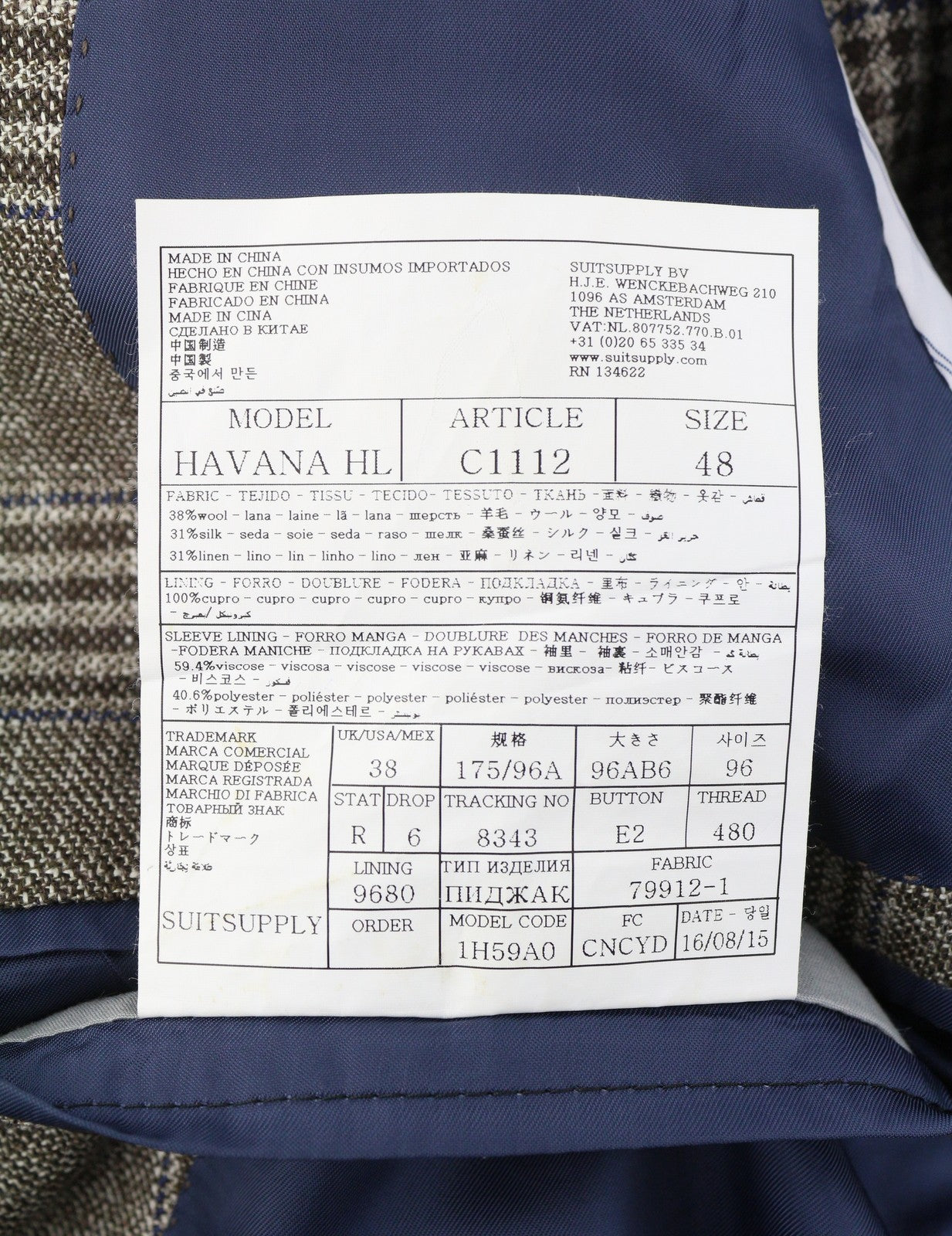 SUITSUPPLY Havana HL vyriškas švarkas UK38R rudas vilnonis šilkas lininis languotas su pusiau pamušalu 
