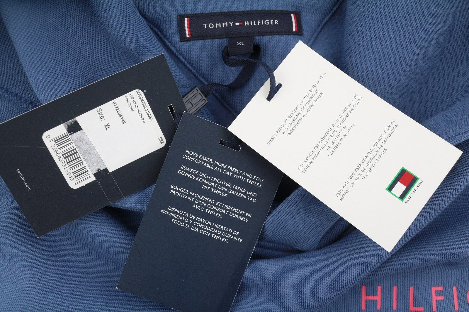 TOMMY HILFIGER vyriškas megztinis su gobtuvu XL dydžio mėlynas su kengūros kišene ir gobtuvu priekyje su logotipu 