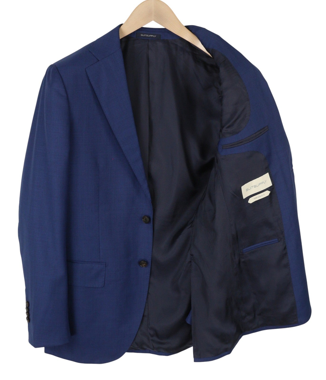 „SUITSUPPLY Lazio“ vienaeilis vyriškas švarkas, UK36R, mėlynas vilnonis švarkas su įpjova ir sagomis atlape 