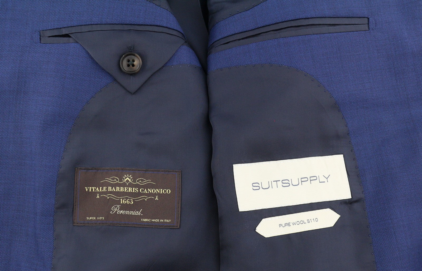 „SUITSUPPLY Lazio“ vienaeilis vyriškas švarkas, UK36R, mėlynas vilnonis švarkas su įpjova ir sagomis atlape 